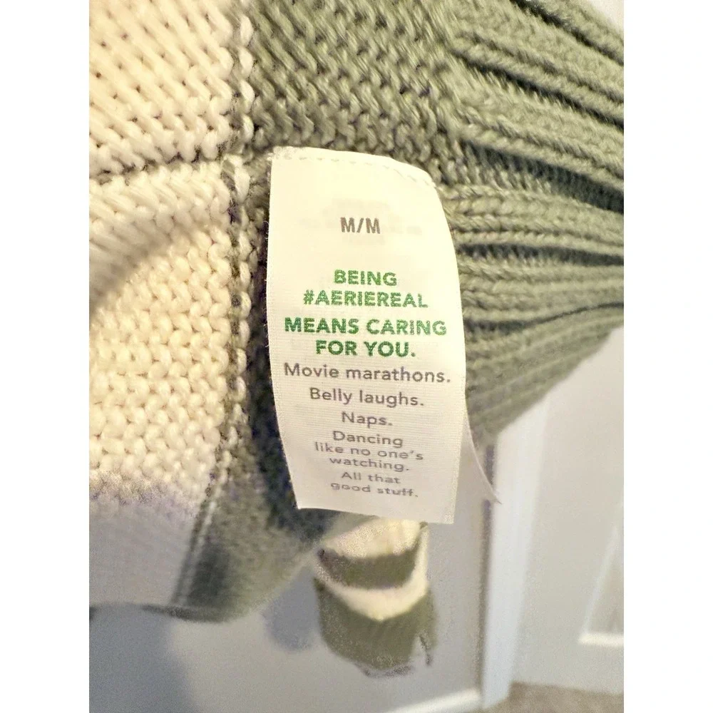 Aerie Bistro Striped Knit Sweater Women's Medium Oversize Olive Rolled Neckline‎